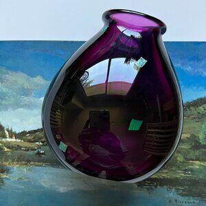 Vintage Hand Blown Dark Purple Glass Vase with Multi-colored Confetti detail